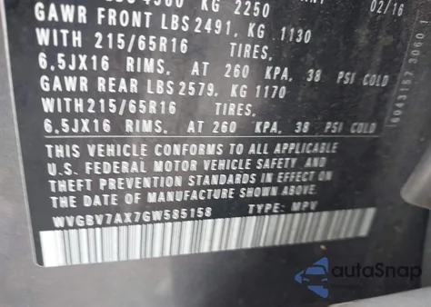 2016 Volkswagen Tiguan R-Line/S/Se/Sel from USA, damaged, VIN WVGBV7AX7GW585158